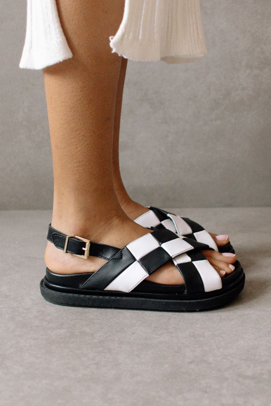 Marshmallow Scacchi Black and White Leather Sandal September